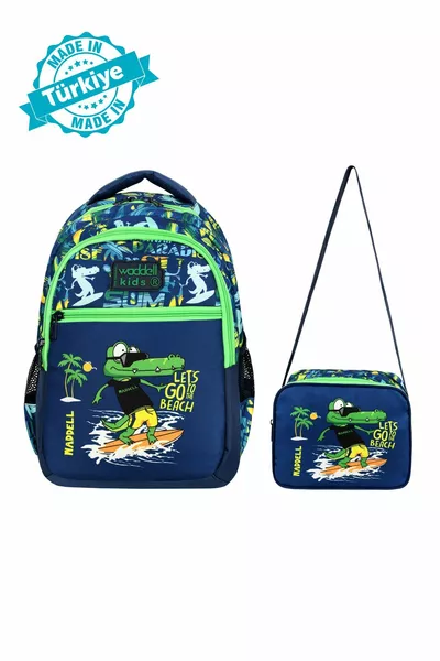 Licensed Green Crocodile Pattern Boys' Primary School Backpack and Lunch Bag