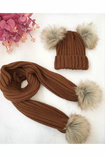 TAN BROWN NATURAL DOUBLE POMPOM KNIT SCARF AND HAT SET