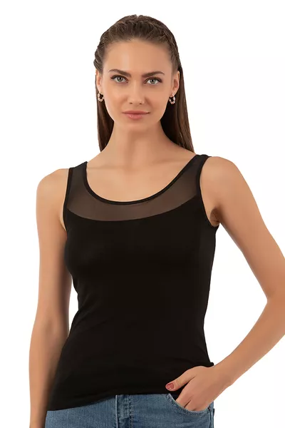 Özkan  Women's Cotton Stretch Supreme Tank Top with Thick Straps and Mesh Details