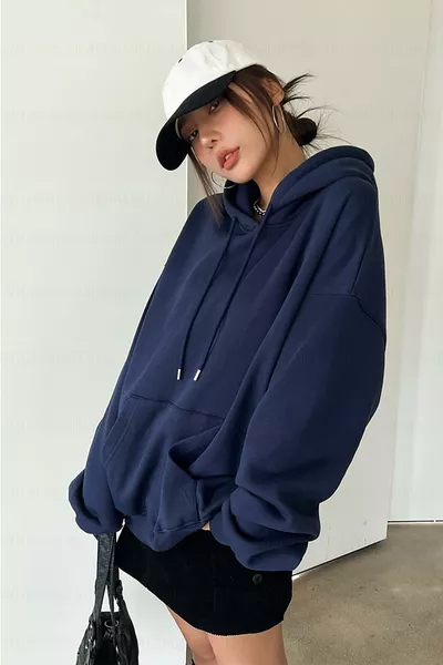 Damen Hoodie Sweatshirt in Marineblau, schlicht, mit Kapuze, Oversize, dreilagig, angeraut, locker geschnitten