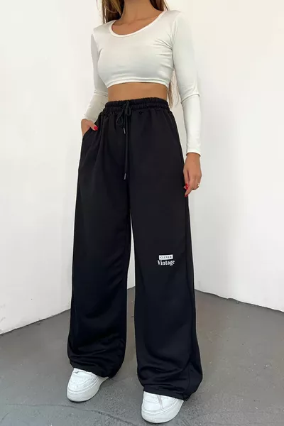 Damen Kompac Jersey Schwarz Zwei-Faden Hoher Bund Locker Weite Hosenbeine Jogginghose