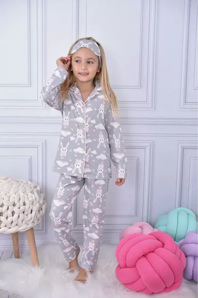 Girls' Cloud and Bunny Pattern Grey Long Sleeve Pajama Set