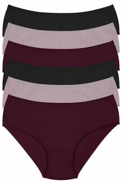 % Katoen, Hoge Taille, Ribbel, Set van 6 Damesonderbroeken: 2 Zwart, 2 Pruim, 2 Beige