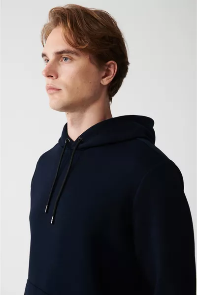 Men's Navy Blue Hooded 3-Ply Brushed Cotton Sweatshirt 