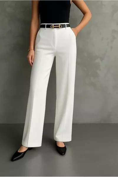 Kadın Yüksek Bel Klasik Beyaz Kumaş Pantolon  Cm kemersizdir
