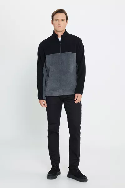 سويت شيرت بولار للرجال بياقة عالية، لون أسود فاتح ممزوج، مقاوم للتكتل والتقشير، مقاس قياسي