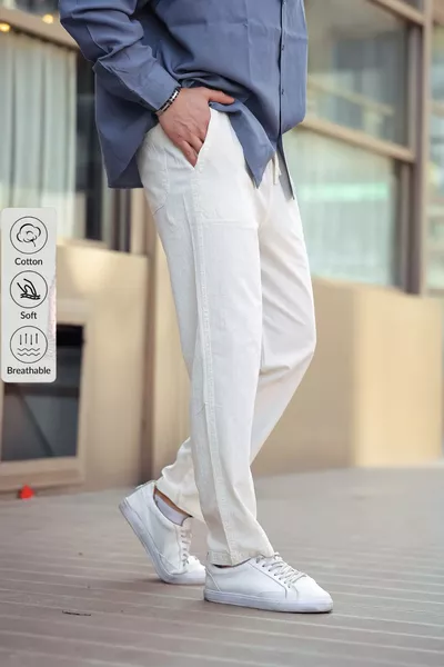 Pantalon décontracté pour homme en mélange de lin d'été de couleur blanche - Blanc