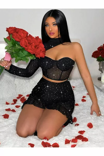 Glittery Cup Bra Ruffled Skirt 2-Piece Attractive Nightwear Set