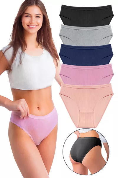 Kadın % Pamuk 5'li Fitilli Bel Bikini Külot Siyah, Lacivert, Yavruağzı, Gül Kurusu, Gri 
