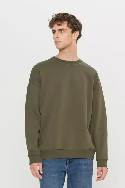Men's Khaki Oversized Loose Fit Cotton Fleece-Lined 3-Thread Crew Neck Sweatshirt