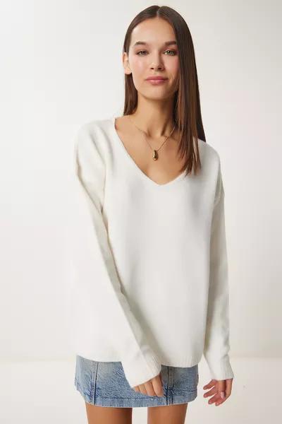 Pull en tricot à col en V pour femme 