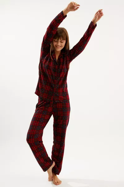 Red and Black Plaid Suede Buttoned Baby Collar Long Sleeve Long Pants Pajama Set