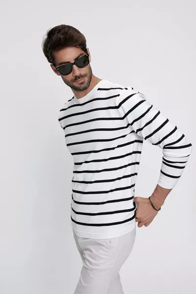 Мужской свитер кремового цвета с круглым вырезом и полосками r, повседневный трикотаж 