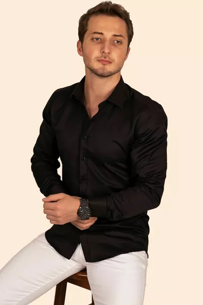 Black Herringbone Pattern Slim Fit Men's Shirt