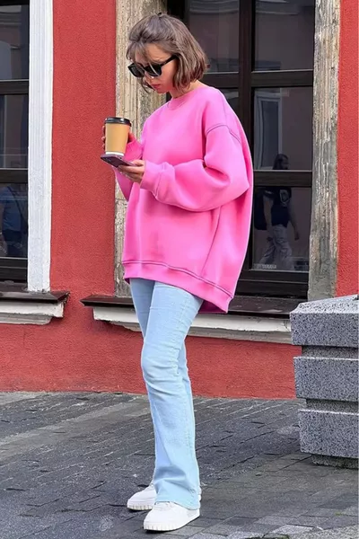 Dames Fleecegevoerde Fleece Sweatshirt met Fietsnek, Warme Losse Wintertrui ROZE