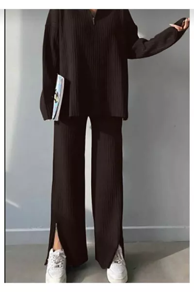 COPY - Women's Ribbed Collar Zip-Up Knit Set with Slit Hem and Zippered Sides