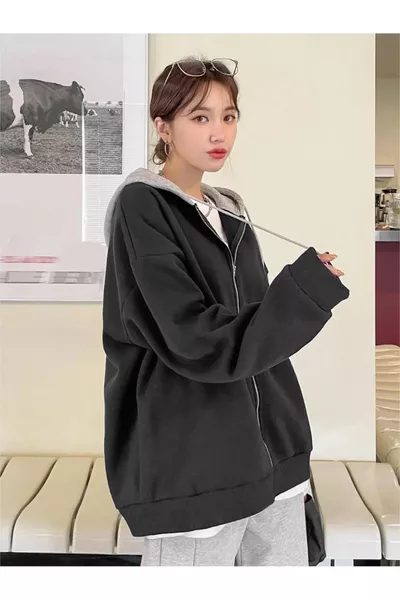 Черно суичър с качулка, сиво, без принт, 3 нишки, свободна кройка, поларено яке - жилетка