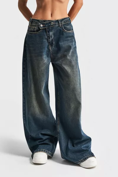 Damen Dunkler Farbstoff Farbe Mega Baggy Fit Weite Passform Denim