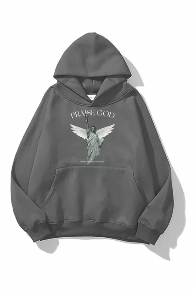 هوديي بغطاء رأس كبير الحجم بلون أنثراسيت بطبعة 'الحمد لله' من 3 خيوط