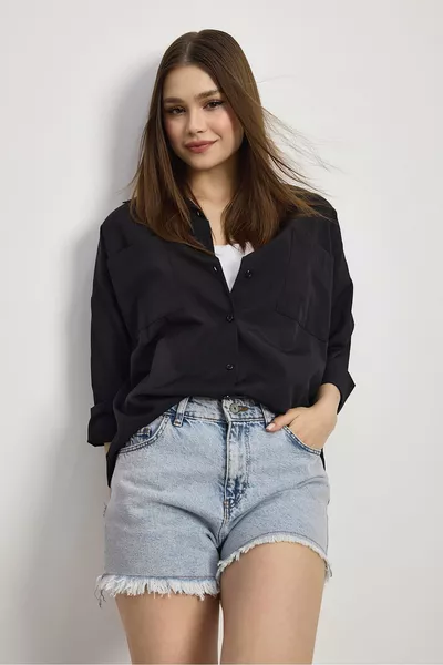 Zwarte Oversized Lange Basic Overhemd met Dubbele Zak - a