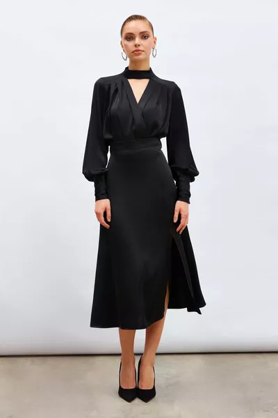 Satin Skirt with Slit - BLACK