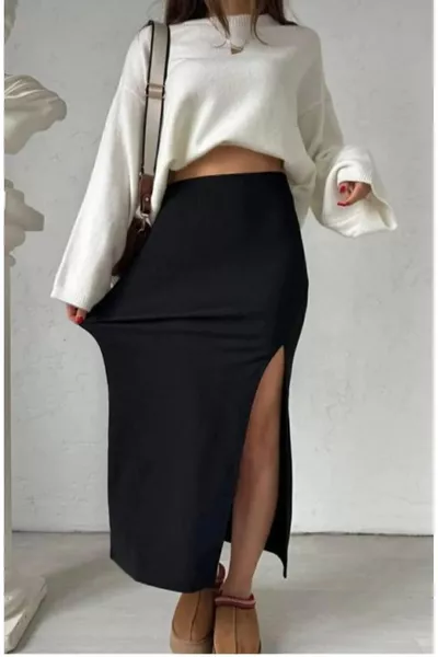 تنورة طويلة ماكسي نسائية من قماش الغواص الأسود مع شق