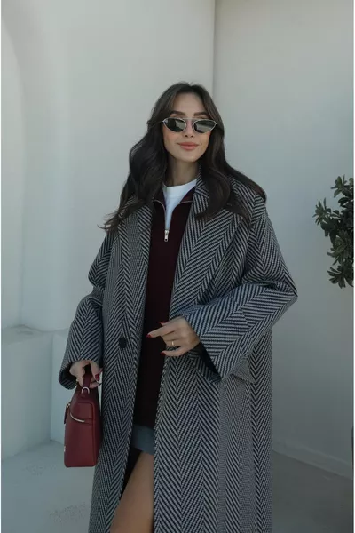 Gray and Black Herringbone Pattern Coat