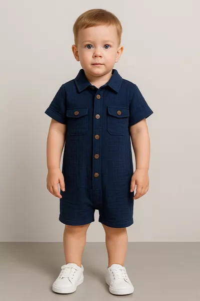 Unisex Baby- & Kinder-Musselin-Strampler mit Holzknöpfen und Taschen, % Baumwolle – Blau