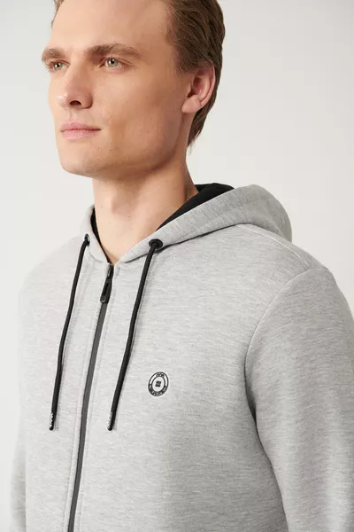 سويت شيرت رجالي بغطاء رأس رمادي بثلاث خيوط، مبطن، بسحاب، قصّة عادية 