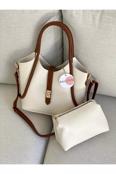 حقيبة كتف نسائية صغيرة كريمية ملونة بتفاصيل قفل أمامي إضافي