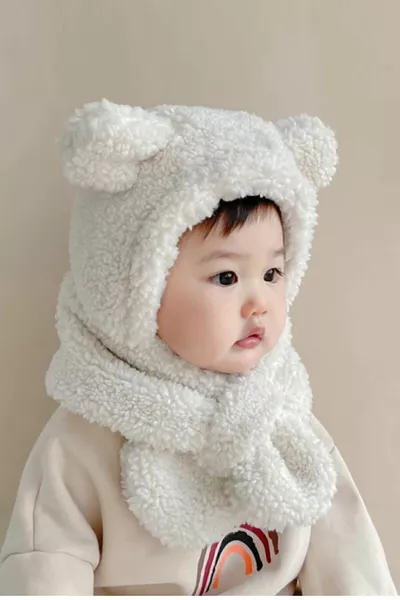 Avis Witte Kinderhoodie Pluche Muts Sjaal Welsoft Nekwarmer Winddichte Muts met Oren