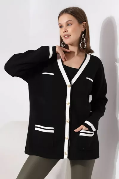 Couleur noire - Bande de bouton dorée Détail Oversize élégant Qualité Grand cardigan en tricot