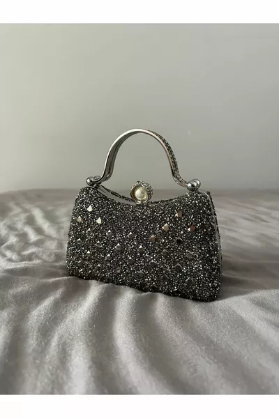 Platinum Double-Sided Stone Evening Bag with Double Chain Handles