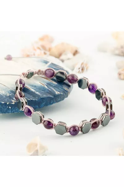 Certified Anxiety Relief Natural Stone Bracelet Amethyst Hematite 6mm 