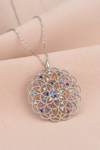  Ayar Gümüş Zincirli Miks Taşlı Yaşam Çiçeği Kolye