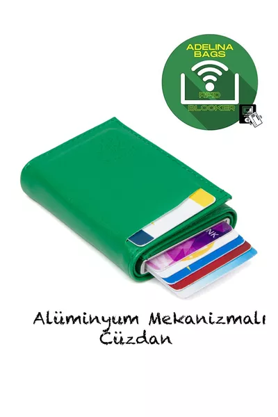 Portefeuille à cartes automatique à glissière avec mécanisme en cuir vert Adelina Nova