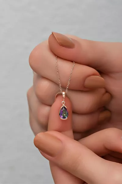 Setting Silver Drop Solitaire Necklace with Mystic Topaz Stone