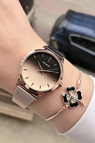 ساعة يد نسائية أصلية مع علبة هدايا وإسوارة هدية. 