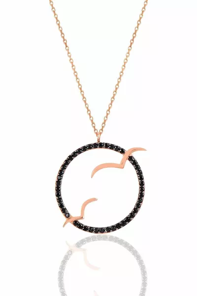 Silver Rose Black Stone Double Seagull Necklace Black Classic