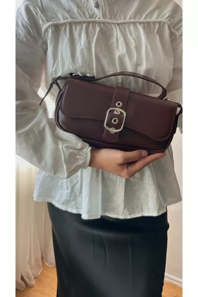 Burgundy Cherry Red Women's Leather Shoulder Bag with Metal Buckle Detail