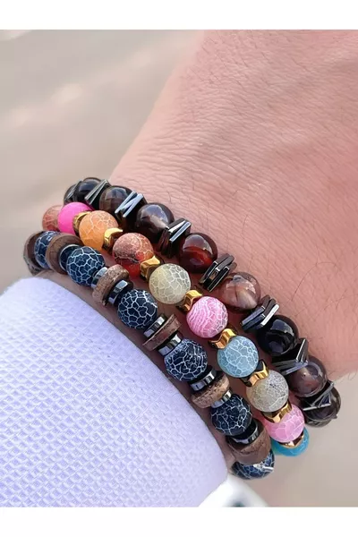 سوار الطاقة الطبيعية ثلاثي الحجر العقيق اليشم اللازورد الكلسيت الكوارتز المدخن السوداليت