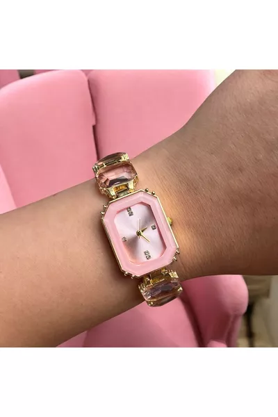 Damespolshorloge met roze steen