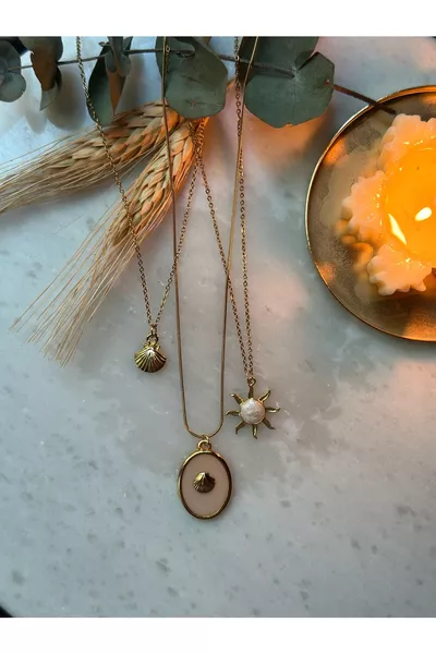 Set di Collane Triple con Ciondoli con Conchiglia/Sole in Acciaio Inossidabile L Placcato Oro