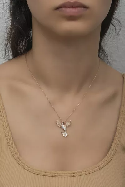  Sterling Silver Magnolia Flower Detailed Emerald Phoenix Necklace