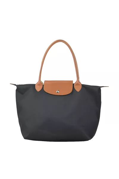 حقيبة نسائية كبيرة الحجم قابلة للطي بسحّاب باللونين الأسود والبني، للكتف واليد والشاطئ