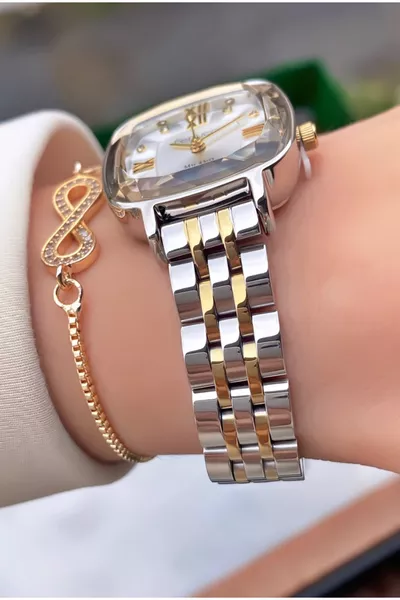 ساعة يد نسائية بسوار فولاذي ذهبي اللون من ماركة مع ضمان سنتين - سوار