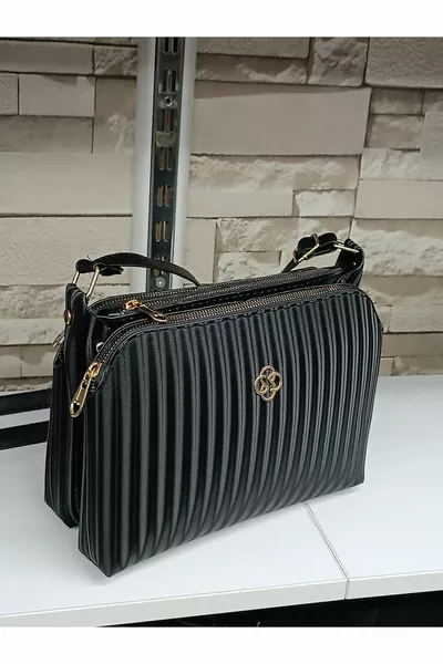 حقيبة عالية الجودة من الجلد النباتي بثلاثة أقسام، بنقشة مخططة سوداء، مع حزام كتف قابل للتعديل