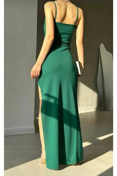 Ithal Krep Kumaş Ince Askılı Kruvaze Yaka Elbise