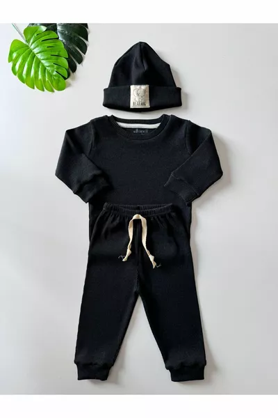 3-teiliges Unisex-Babykleidungsset aus Baumwolle mit Rippstrickmütze