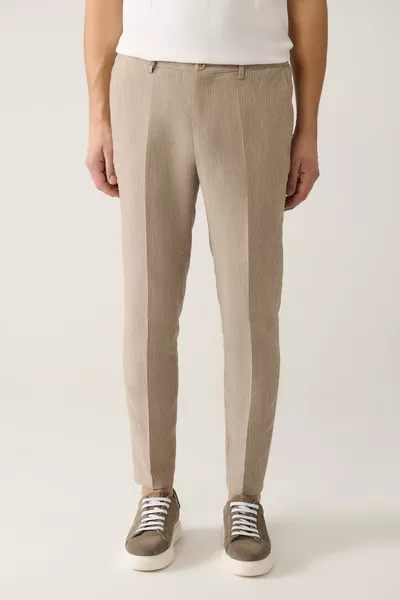 Erkek Vizon Relaxed Fit Beli Lastikli Keten Karışımlı Linen Touch Takım Elbise Pantolonu 